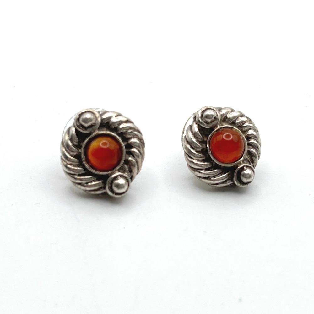 Sterling‎ Silver Carnelian Rope Stud Earrings Vintage Style 925 Red Gemstone